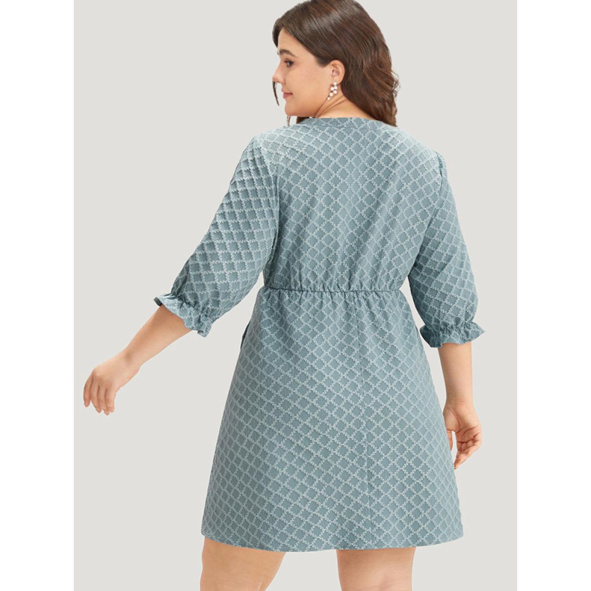 Plus Size Geo Plisse Pocket Lantern Sleeve Notched Dress Stone Women Office Elastic cuffs Notched collar Half Sleeve Curvy Knee Dress BloomChic 26/4X Product Image