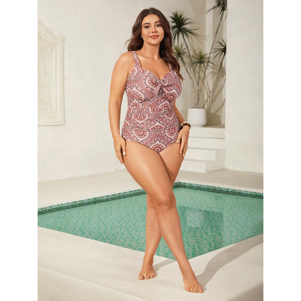 Plus Size Ornate Print Ties One-Piece Swimsuit Women's Swimwear Rust Beach Tie knot Curve Bathing Suits High stretch One Pieces BloomChic 10/M Product Image