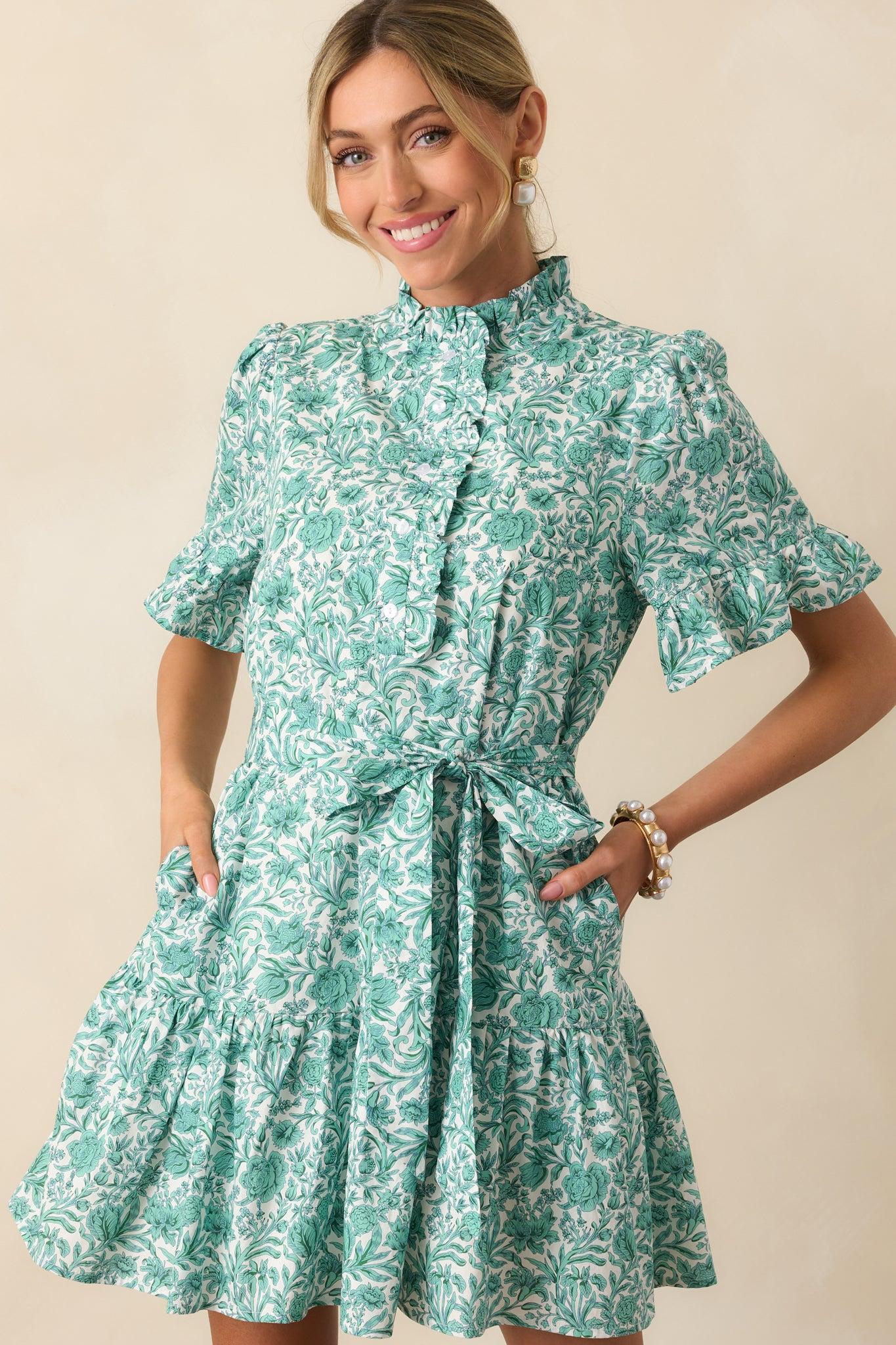 The Right Timing Teal Green Floral Cotton Mini Shirt Dress Product Image