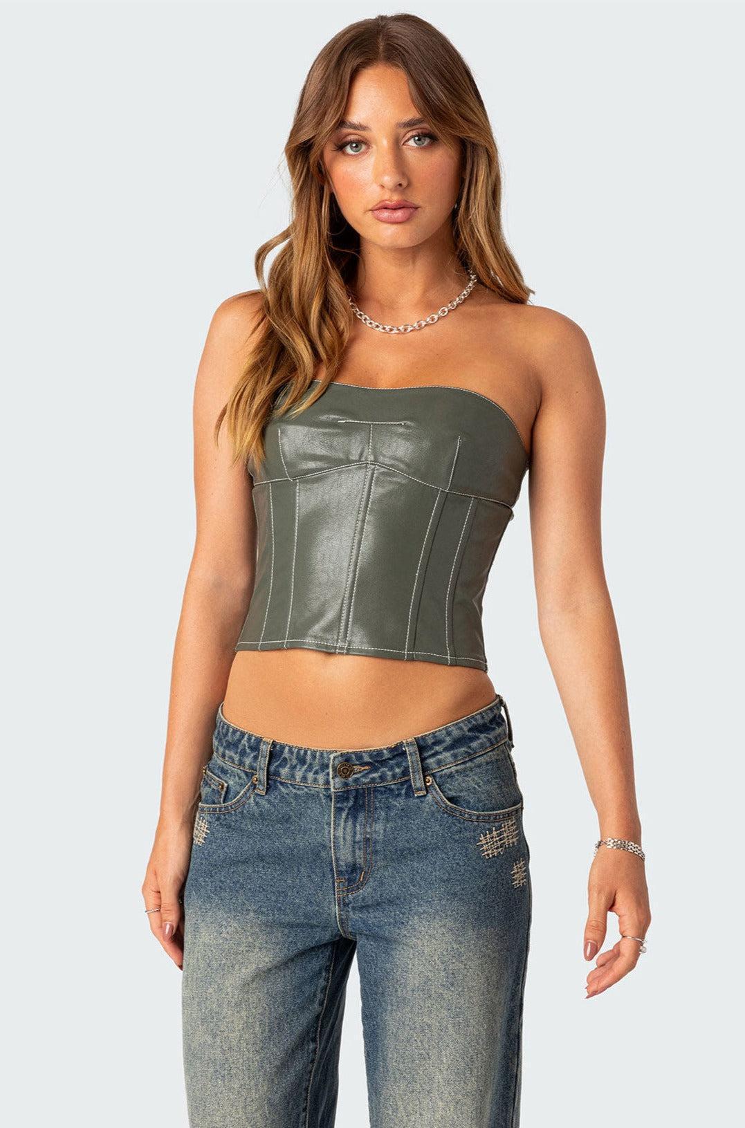Moss Faux Leather Lace Up Corset Product Image