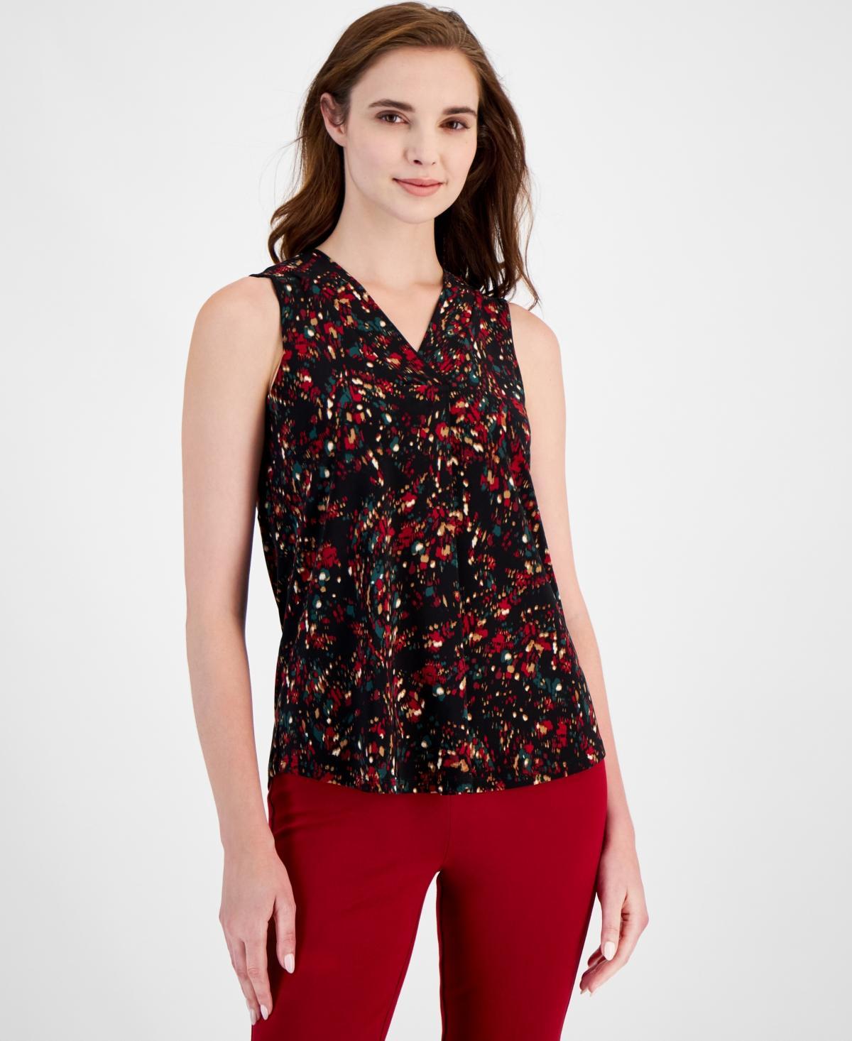 Anne Klein Womens Printed Sleeveless V-Neck Shell Top - Anne Black Product Image