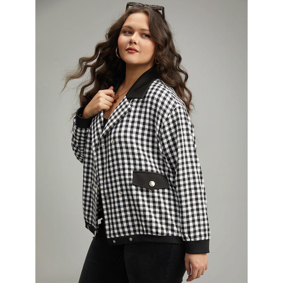 Plus Size Gingham Patchwork Double Breasted Jacket Women Black Elastic cuffs Dailywear Jackets BloomChic 28/5X Product Image