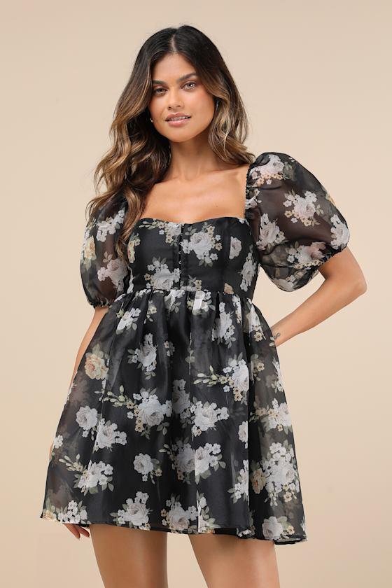Desired Delight Black Floral Puff Sleeve Babydoll Mini Dress Product Image