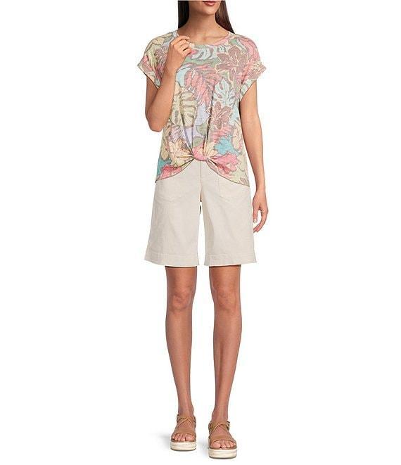 Democracy Floral Scoop Neck Short Roll Cuff Sleeve Knit Top Product Image