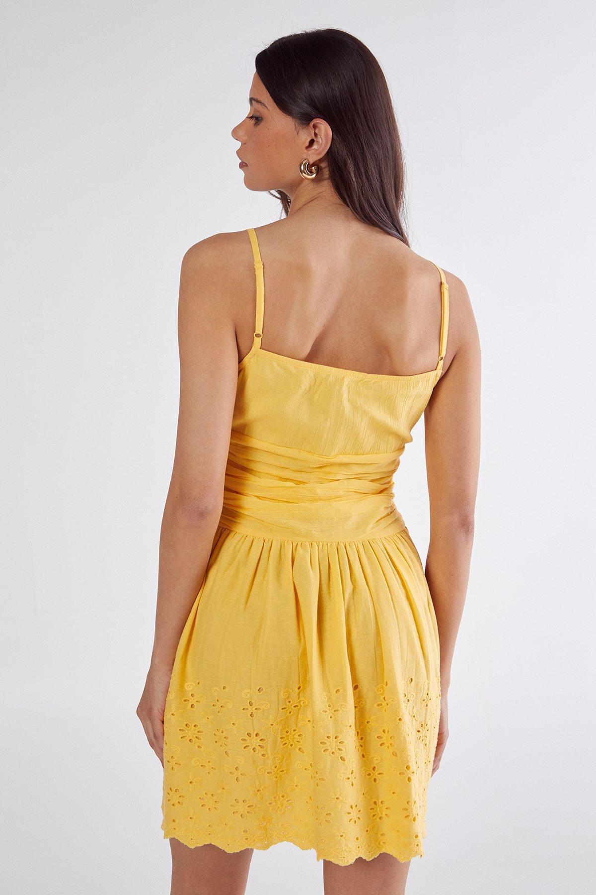 Cotton Ruched Button Broderie Hem Strappy Mini Dress Product Image