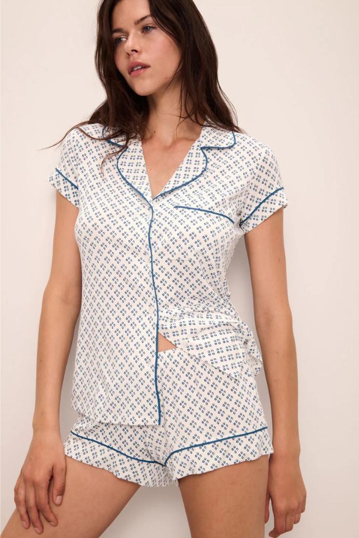 Gisele Printed Shortie Set Petite Batik Ivory/Denim Blue Product Image