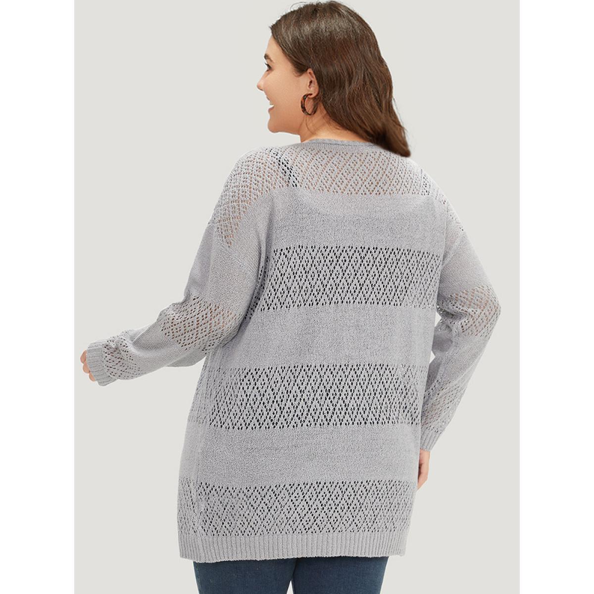 Plus Size Plain Geometric Eyelet Open Front Cardigan DarkGray Women Basics Loose Long Sleeve Everyday Cardigans BloomChic 30/6X Product Image