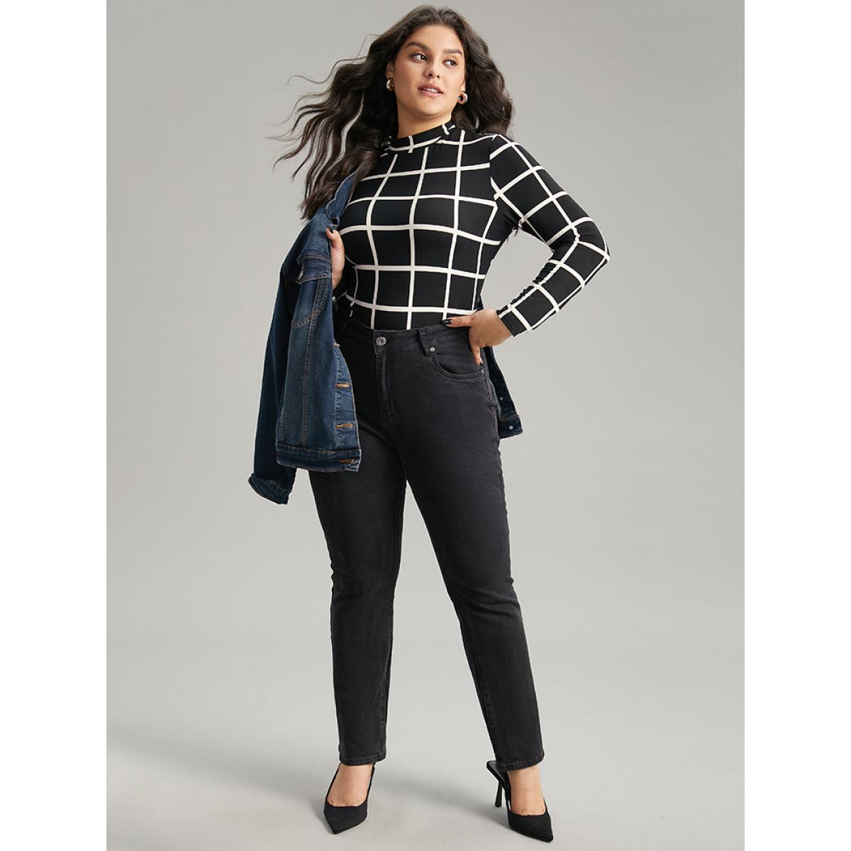 Plus Size Plaid Print Mock Neck Slightly Stretchy Bodysuit Women Black Plaid Contrast Bodysuits BloomChic 12/L Product Image