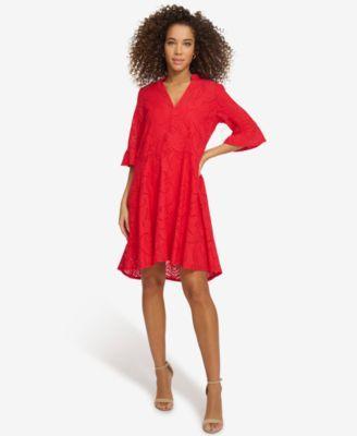 kensie Womens Cotton Eyelet Bell-Sleeve High-Low Dress Product Image