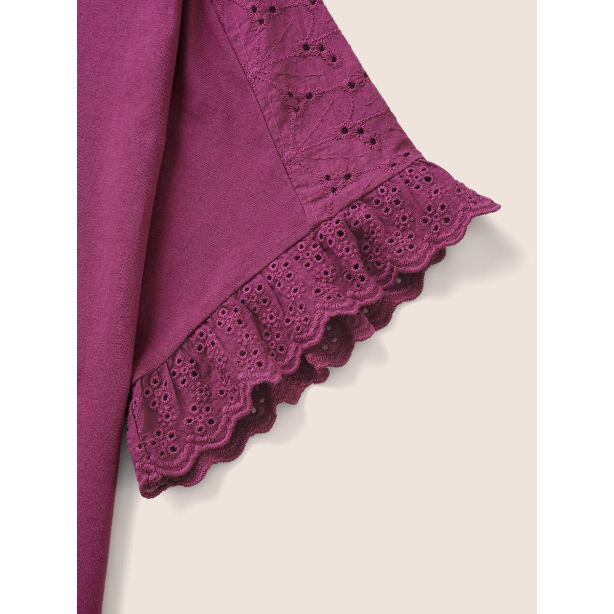 Plus Size Solid Broderie anglaise Patchwork Dolman Sleeve T-shirt RedViolet Women Resort Non Plain V-neck Vacation T-shirts BloomChic 18-20/2X Product Image
