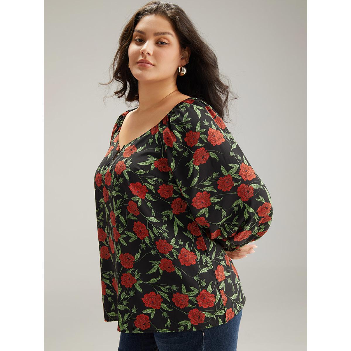 Plus Size BlackFlower Floral Print Notched Lantern Sleeve Blouse Women Elegant Long Sleeve Square Neck Dailywear Blouses BloomChic 22-24/3X Product Image