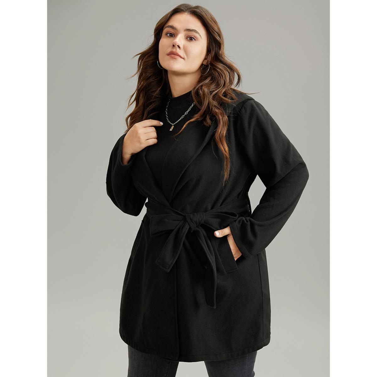 Plus Size Plain Belted Hooded Tunic Pocket Coat Women Black Casual Plain Ladies Dailywear Winter Coats BloomChic 30/6X Product Image