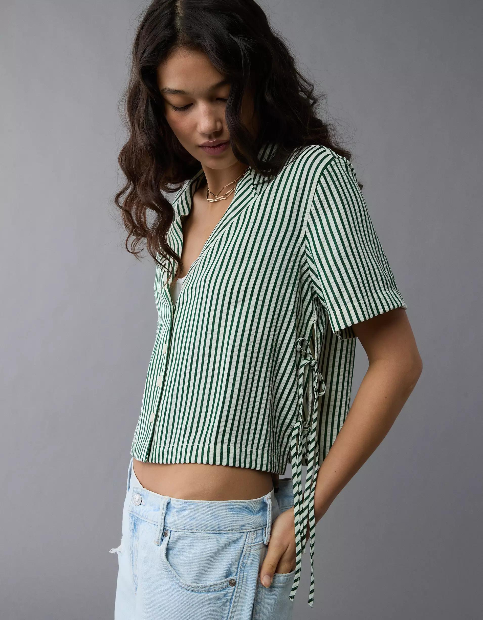 AE Short-Sleeve Tie Side Seersucker Button-Up Shirt Product Image