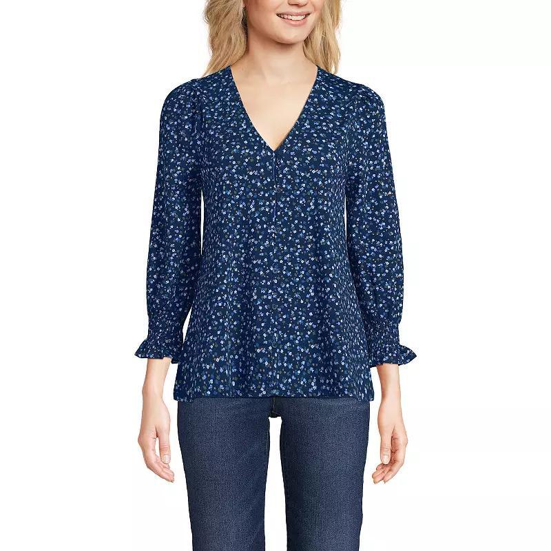Petite Lands' End 3/4 Sleeve Lightweight Jersey Button Front Top, Women's, Size: Small Petite, Deep Green Product Image