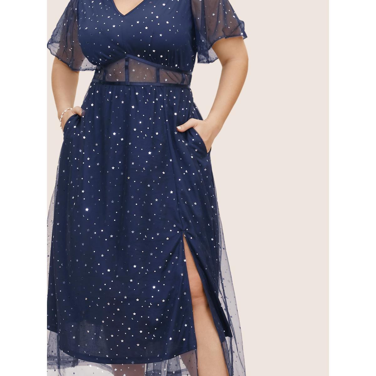 Plus Size Glitter Star Mesh Patchwork Split Hem Dress Navy Women Cocktail See through V-neck Short sleeve Curvy BloomChic 30/6X Product Image