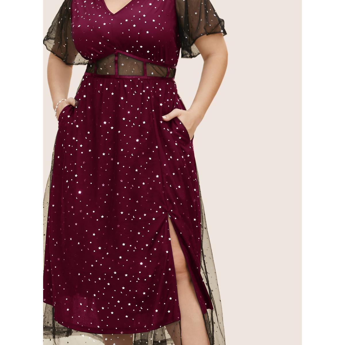 Plus Size Glitter Star Mesh Patchwork Split Hem Dress Burgundy Women Cocktail See through V-neck Short sleeve Curvy BloomChic 18-20/2X Product Image