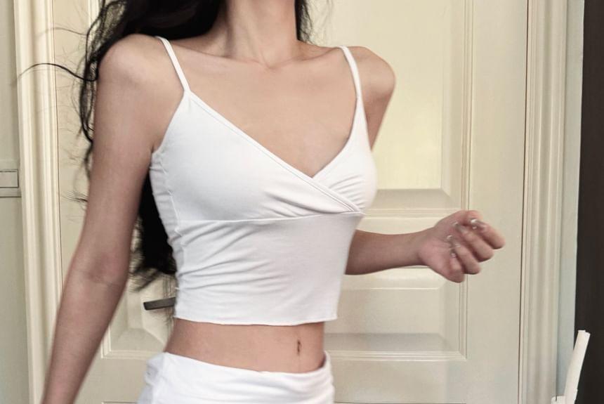 Plain Crop Camisole Top / Long-Sleeve V-Neck Crop T-Shirt / Mid Rise Mini A-Line Skirt Product Image
