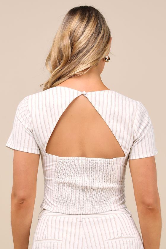 Danai Ivory and Beige Striped Short Sleeve Crop Top Product Image