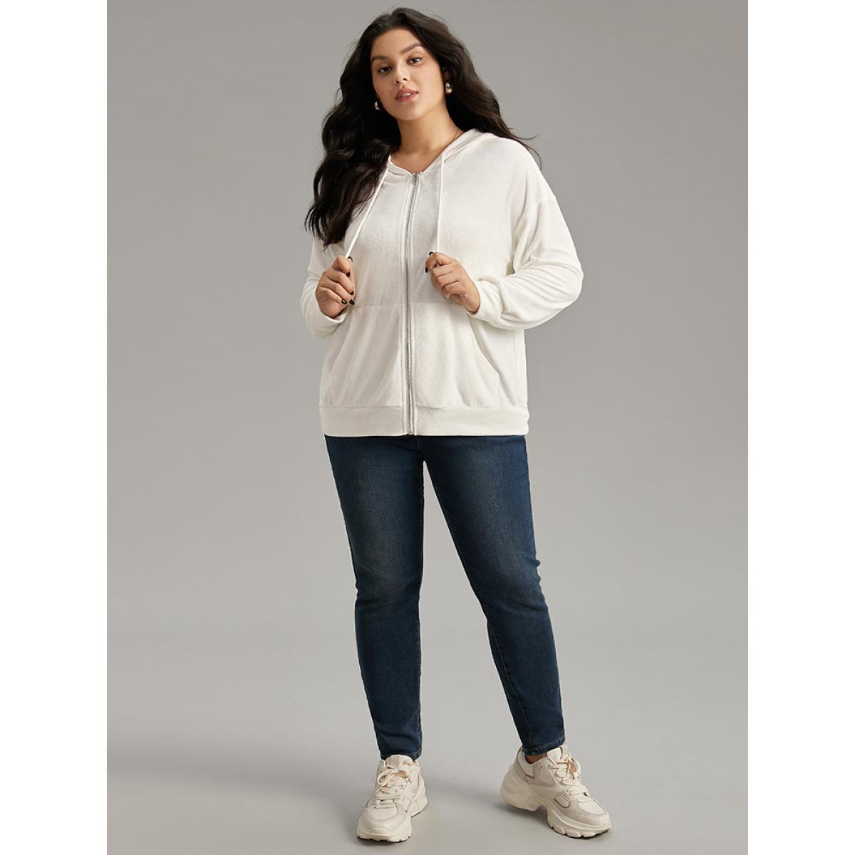 Plus Size Supersoft Essentials Solid Zipper Hooded Sweatshirt Women White Casual Elastic cuffs Hooded Dailywear Sweatshirts BloomChic 10/M Product Image