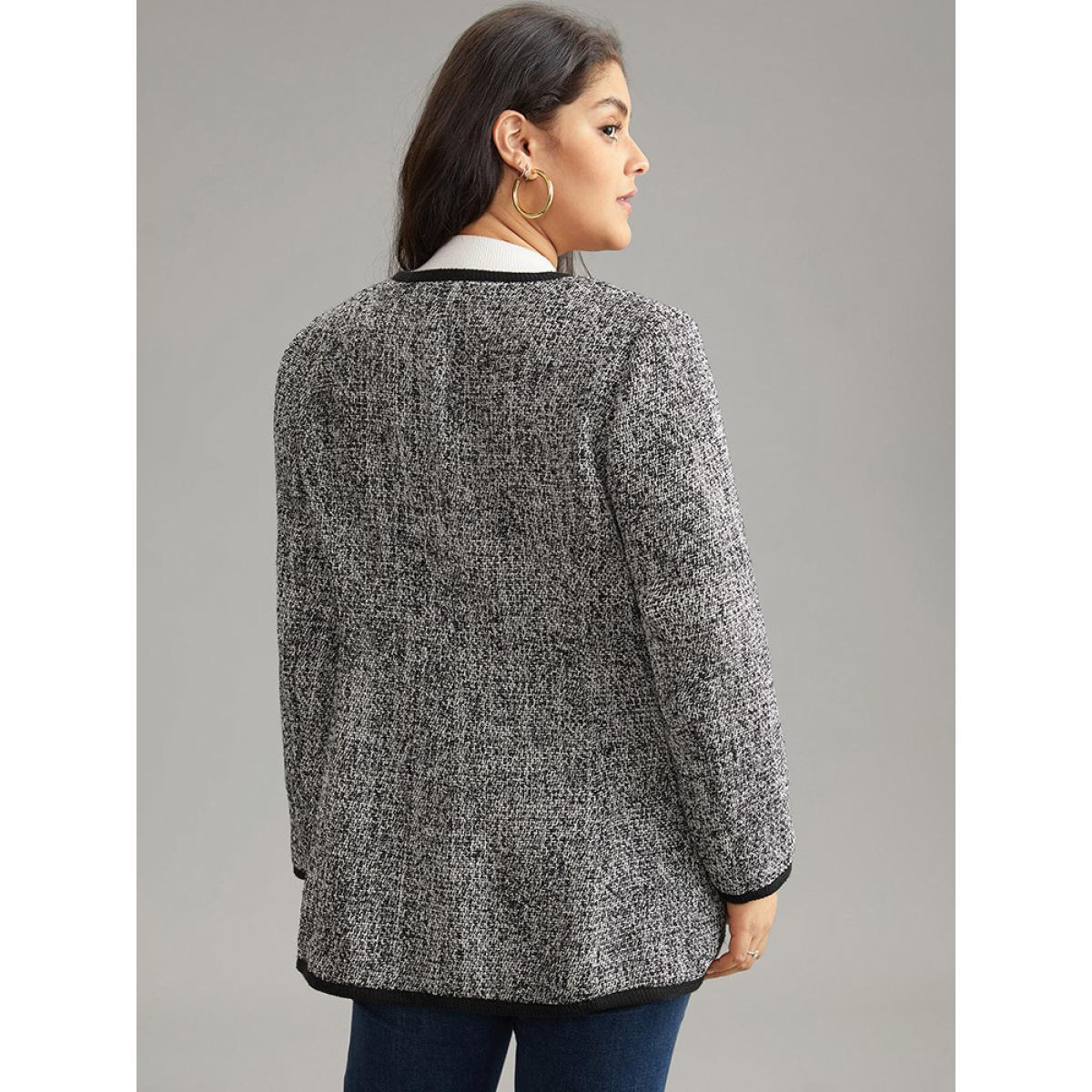Plus Size Tweed Flap Pocket Open Front Contrast Trim Blazer Black Women Dailywear Plain Texture Sleeve Long Sleeve Open Front 22-24/3X Pocket Casual Blazers BloomChic Product Image