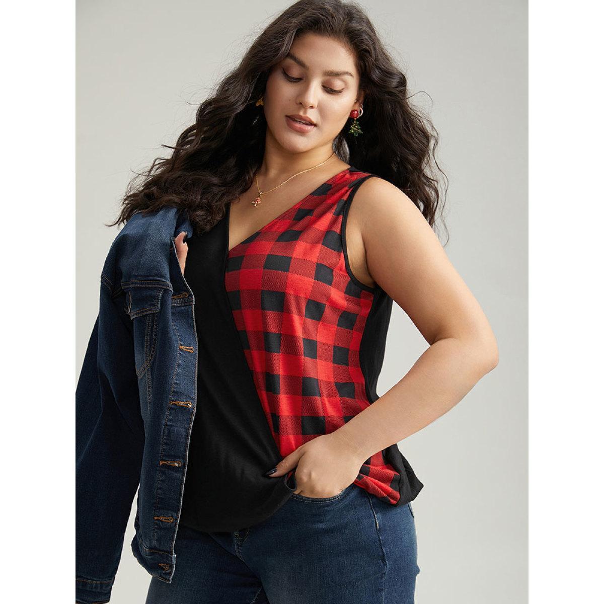 Plus Size V Neck Plaid Patchwork Contrast Tank Top Women Black Casual Contrast V-neck Festival-Christmas Tank Tops Camis BloomChic 12/L Product Image