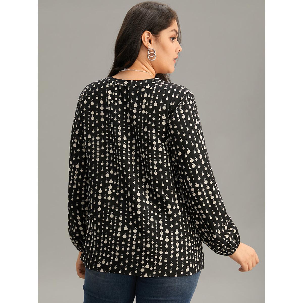 Plus Size Black Chain Print Notched Lantern Sleeve Blouse Women Office Long Sleeve Notched collar Vacation Blouses BloomChic 12/L Product Image