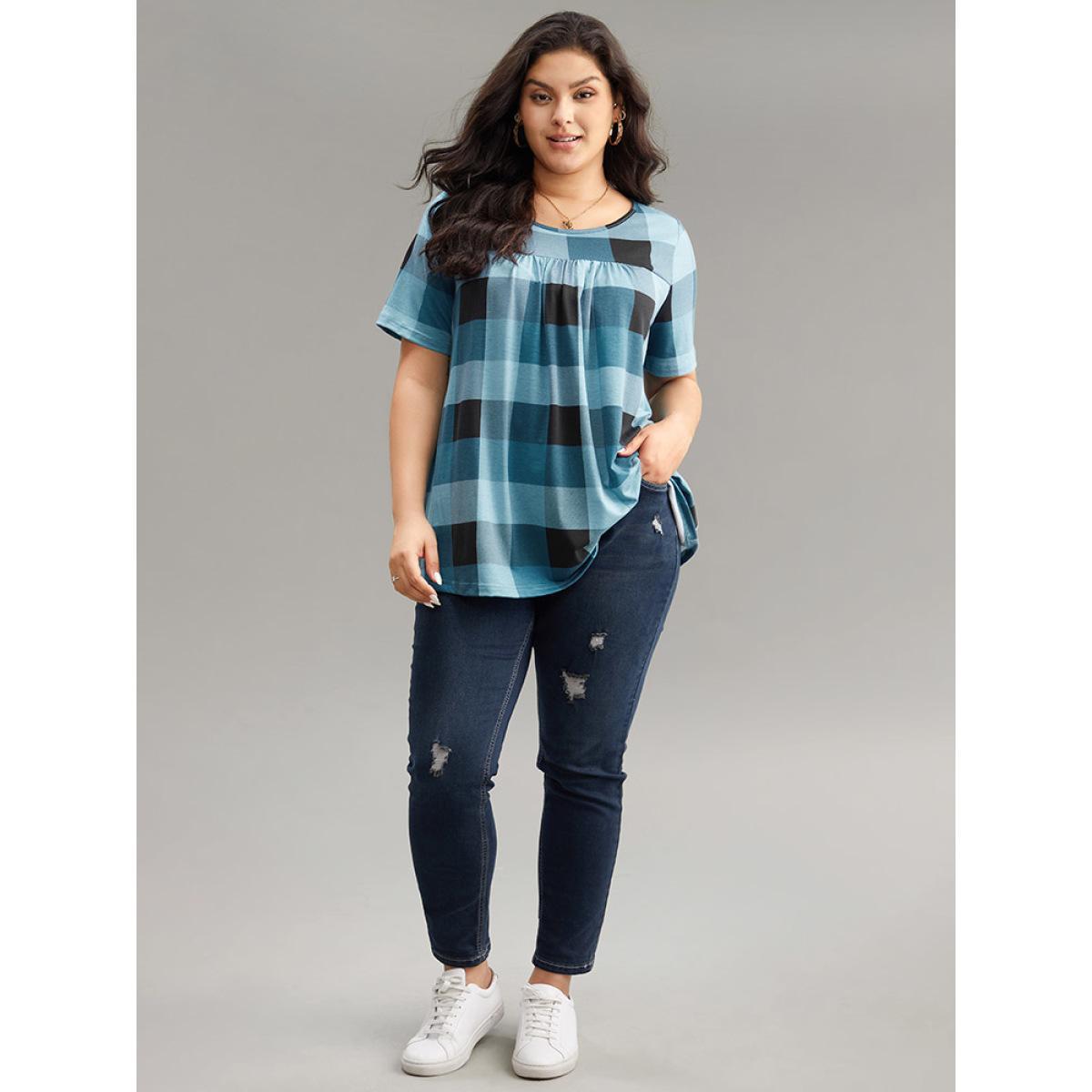 Plus Size Plaid Round Neck Gathered T-shirt Blue Women Casual Gathered Plaid Round Neck Everyday T-shirts BloomChic 18-20/2X Product Image