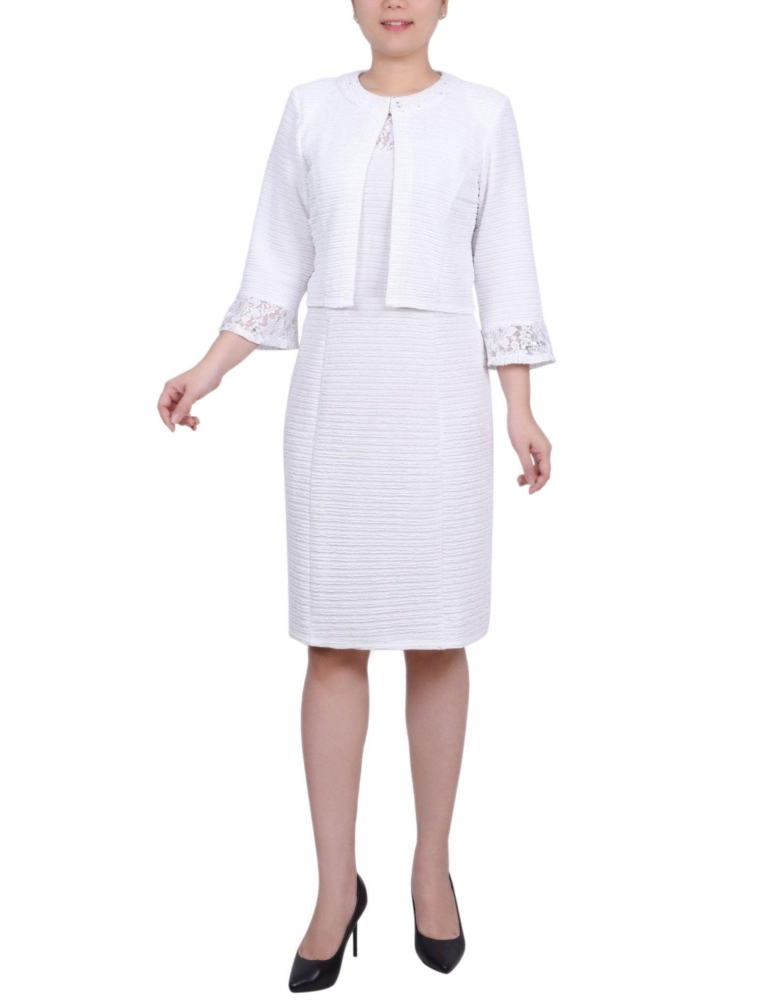 White Two Piece Novelty Knit and Lace Dress Set Product Image