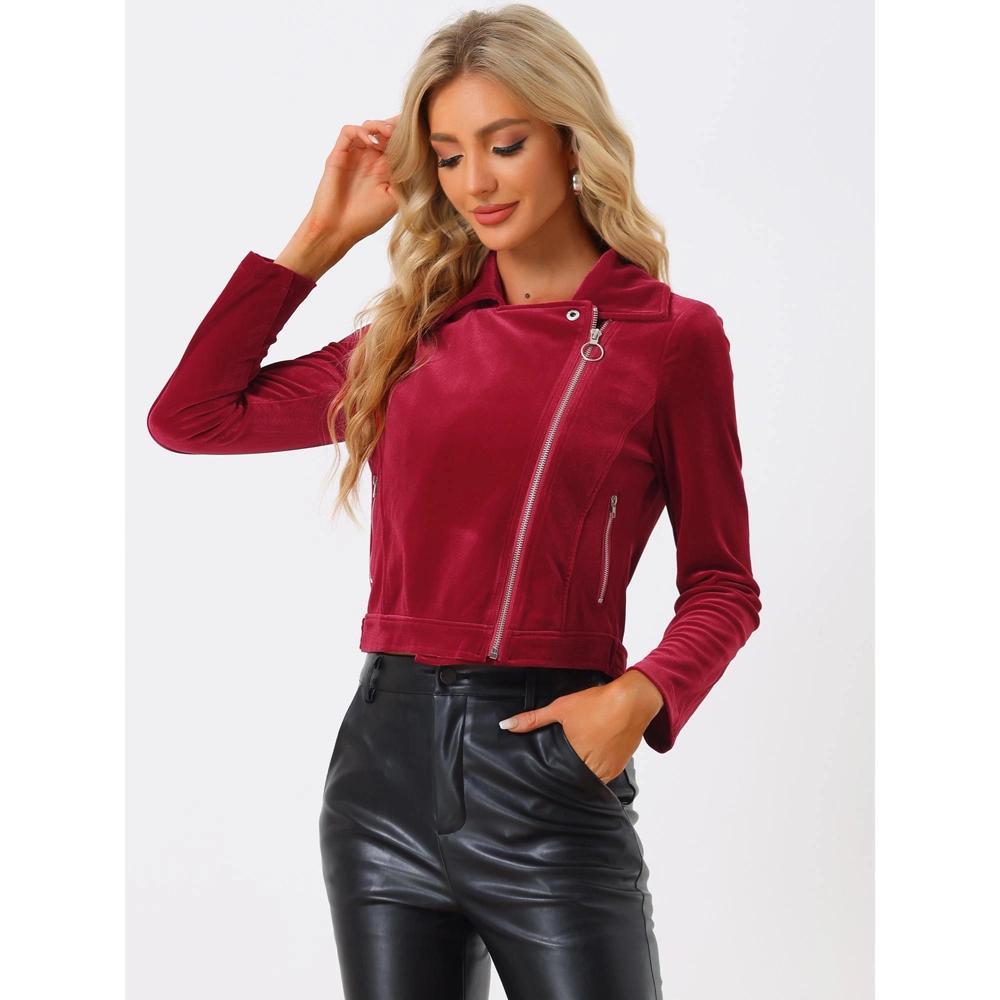 Allegra K Women's Velvet Zipper Lapel Collar Moto Biker Jacket Red X-Large Product Image