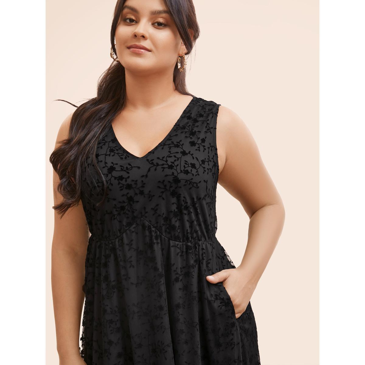 Plus Size Floral Flocking Mesh Sleeveless Dress Black Women Elegant Texture V-neck Sleeveless Curvy BloomChic 18-20/2X Product Image