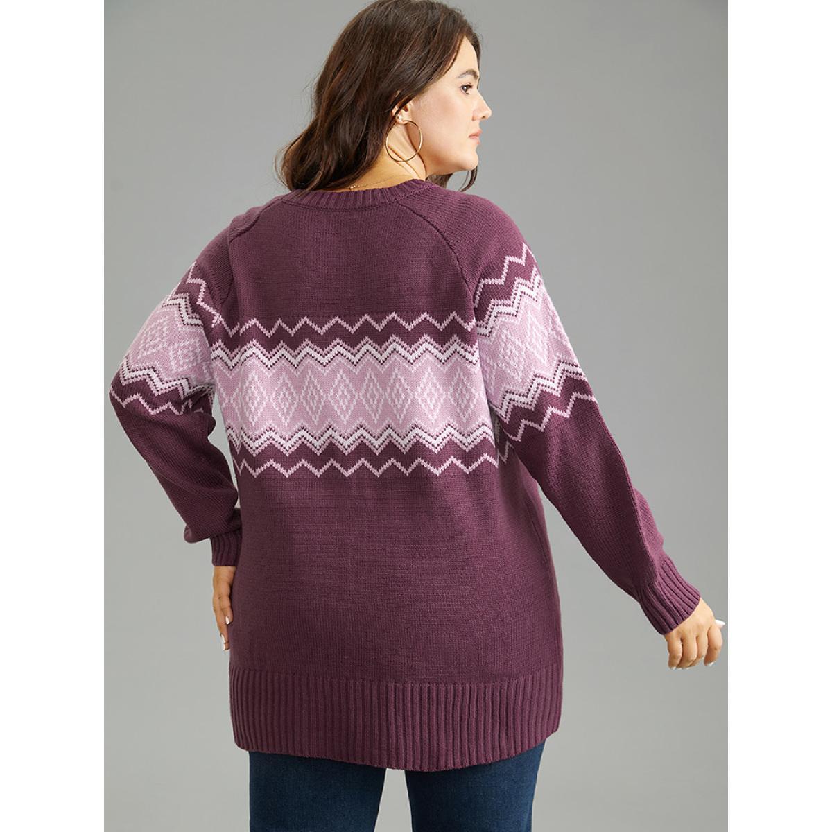 Plus Size Geo Raglan Sleeve Elastic Hem Pullover Mauve Women Casual Loose Long Sleeve Round Neck Everyday Pullovers BloomChic 22-24/3X Product Image