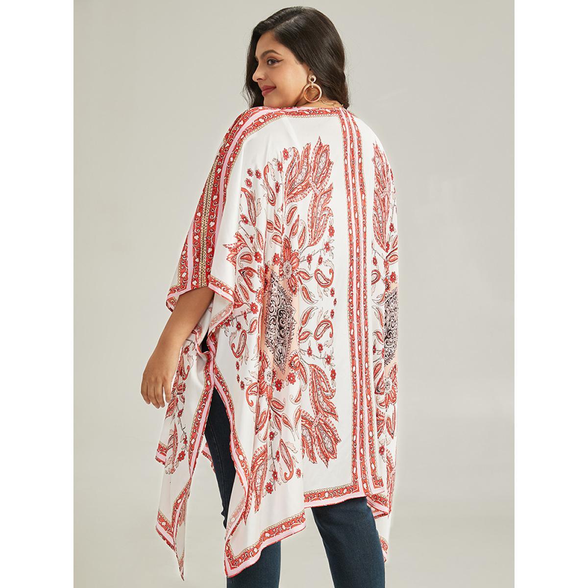 Plus Size Paisley Print Asymmetrical Hem Drape Kimono Women Brown Casual Drape Loose Dailywear Kimonos BloomChic 30/6X Product Image