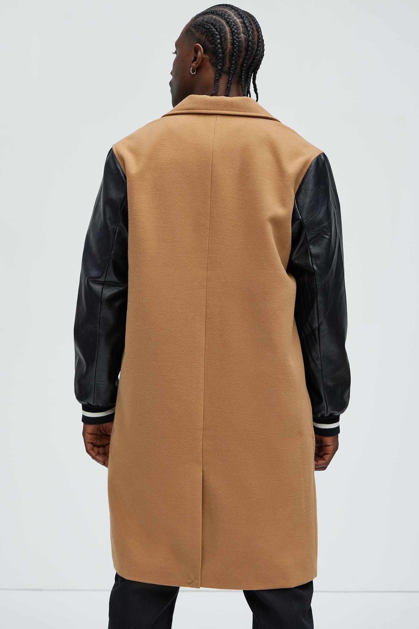 Skull Faux Leather Sleeves Long Coat - Tan Product Image