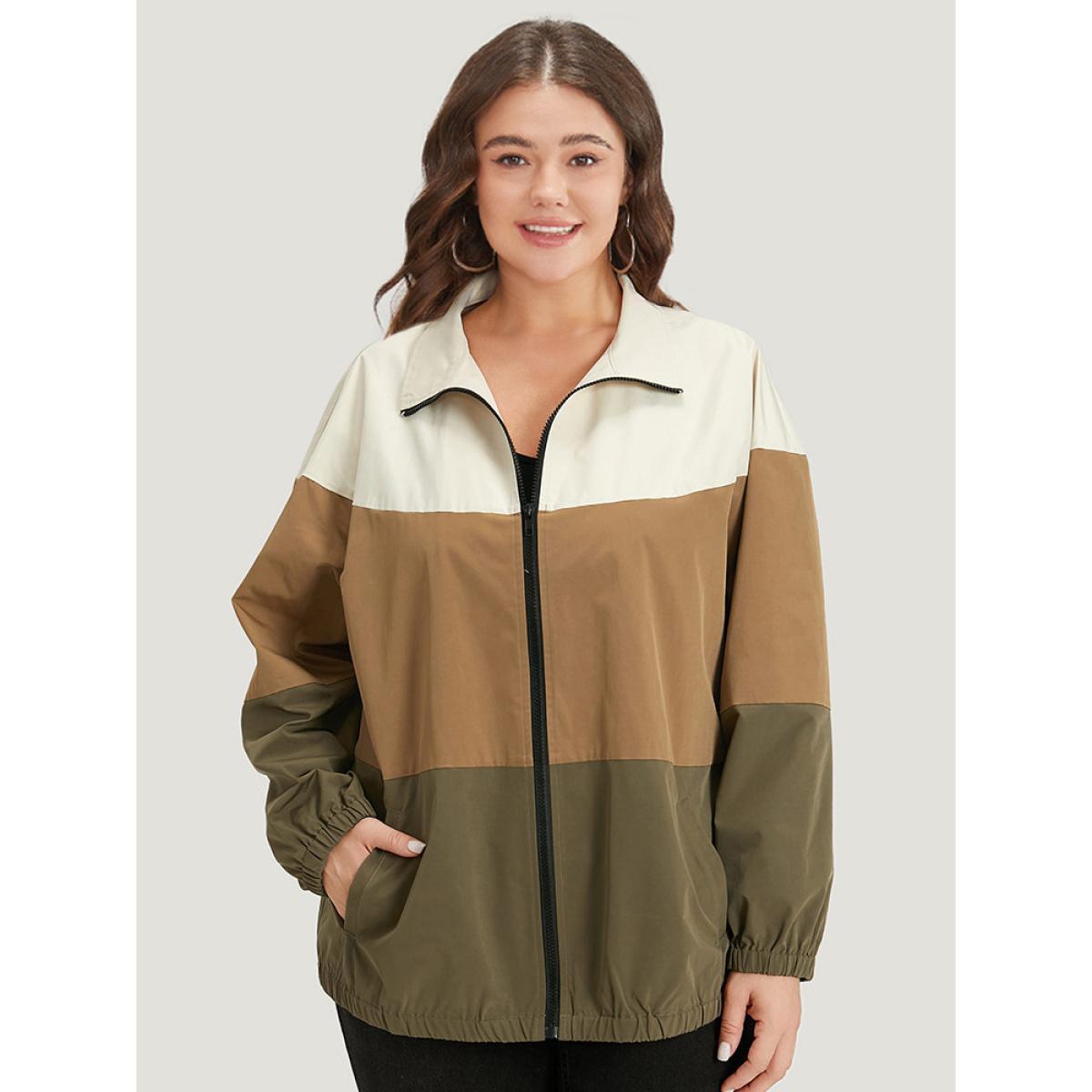 Plus Size Colorblock Contrast Zipper Pocket Elastic cuffs Coat Women Multicolor Casual Elastic cuffs Ladies Dailywear Winter Coats BloomChic 22-24/3X Product Image