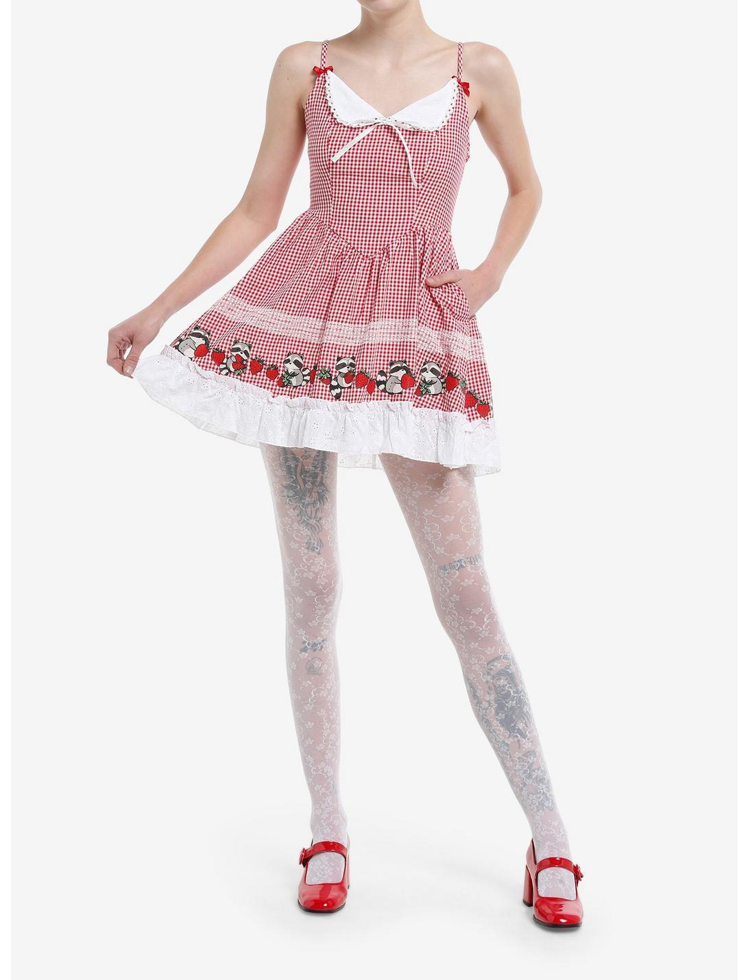 Thorn & Fable Raccoons & Strawberries Red Gingham Cami Dress Product Image