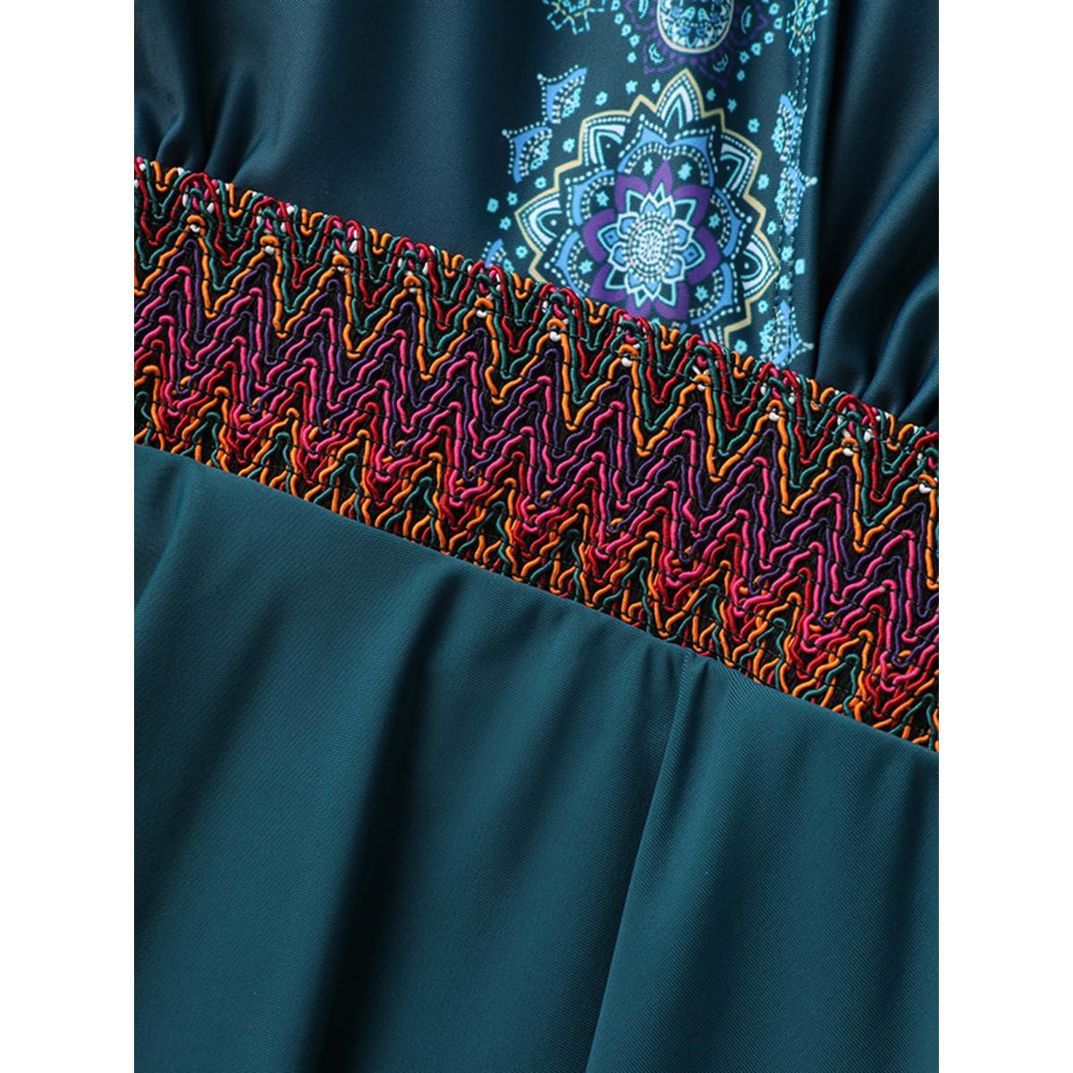 Plus Size Overlap Collar Bandana Print Contrast Webbing Swim Dress Women's Swimwear Cyan Beach Bodycon Overlap Collar High stretch Curve Swim Dresses BloomChic 14-16/1X Product Image