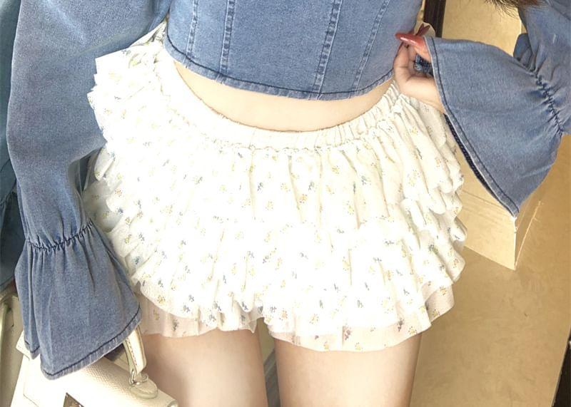 Long-Sleeve Off Shoulder Denim Crop Top Product Image