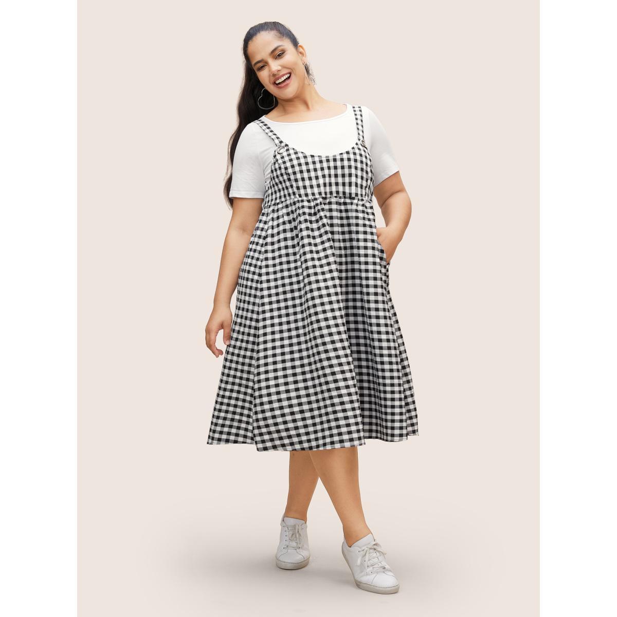 Plus Size Round Neck Gingham Adjustable Straps Dress Black Women Casual Gathered Round Neck Sleeveless Curvy BloomChic 22-24/3X Product Image