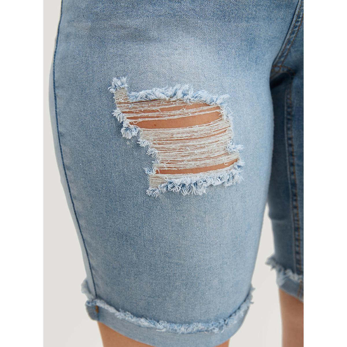 Plus Size Moderately Stretchy High Rise Light Wash Distressed Denim Shorts Women LightBlue Casual Plain Medium stretch Pocket Jeans BloomChic 12/L Product Image