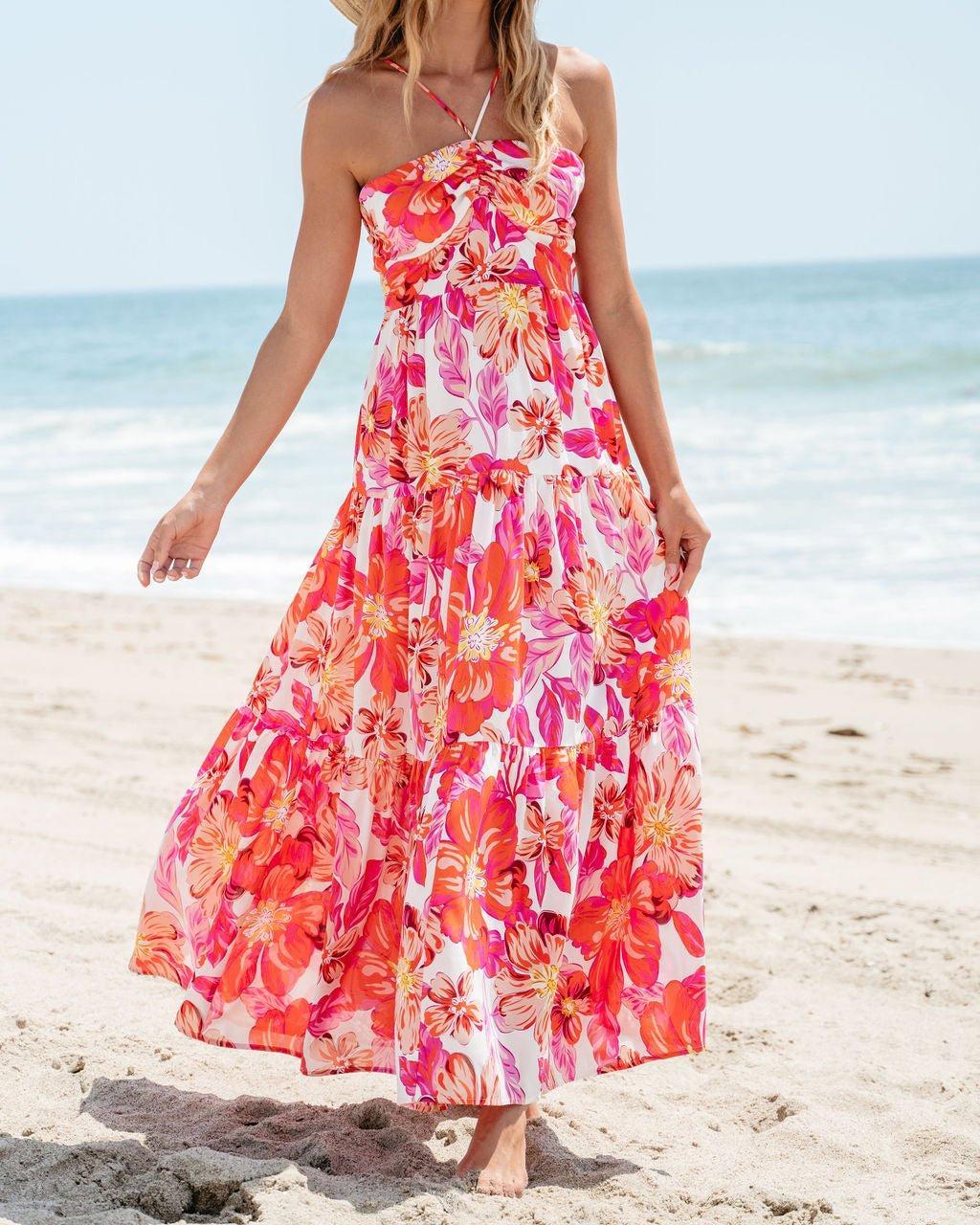 Orange Floral Print Halter Maxi Dress - FINAL SALE Product Image