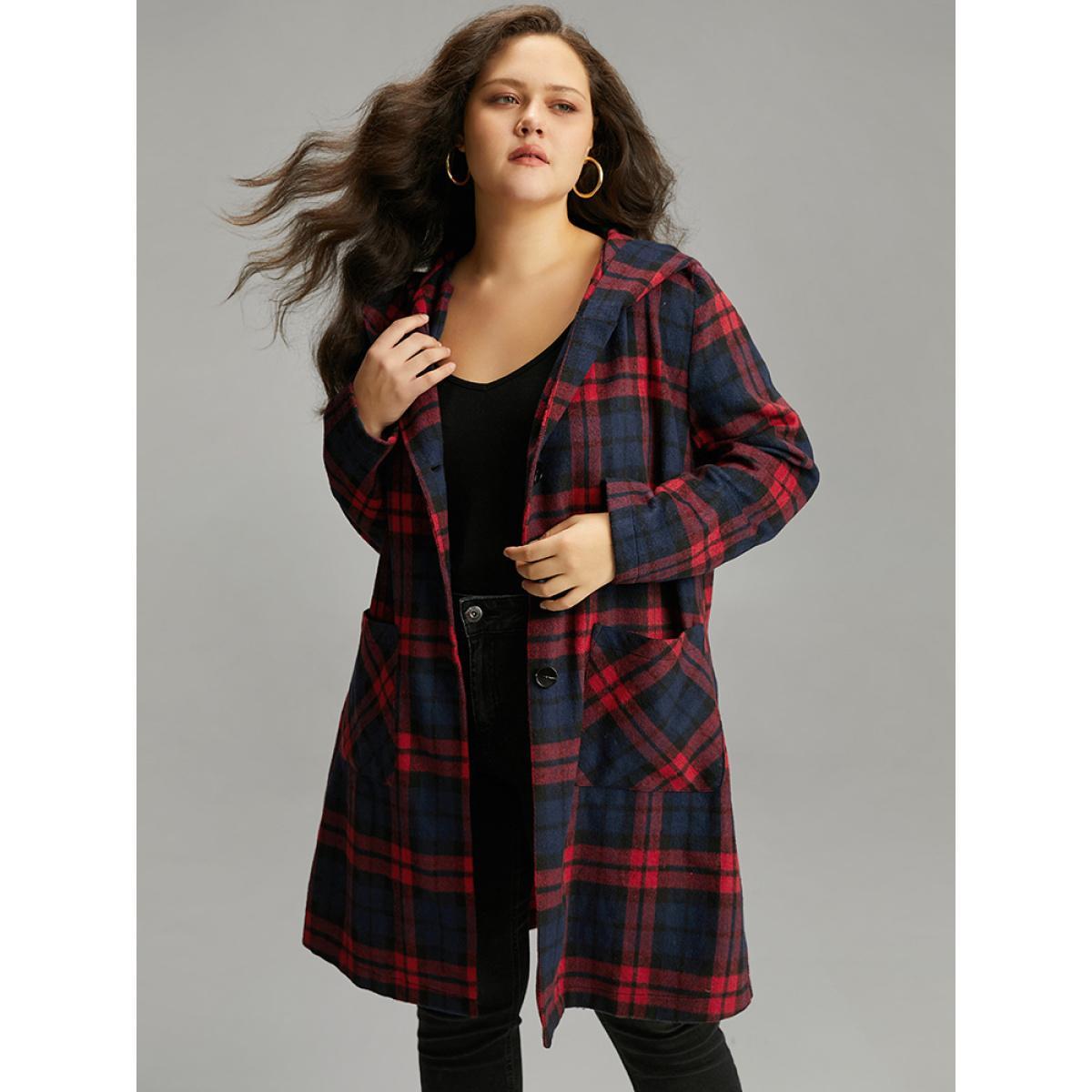 Plus Size Plaid Button Through Pocket Hooded Coat Women Indigo Casual Contrast Ladies Everyday Winter Coats BloomChic 12/L Product Image