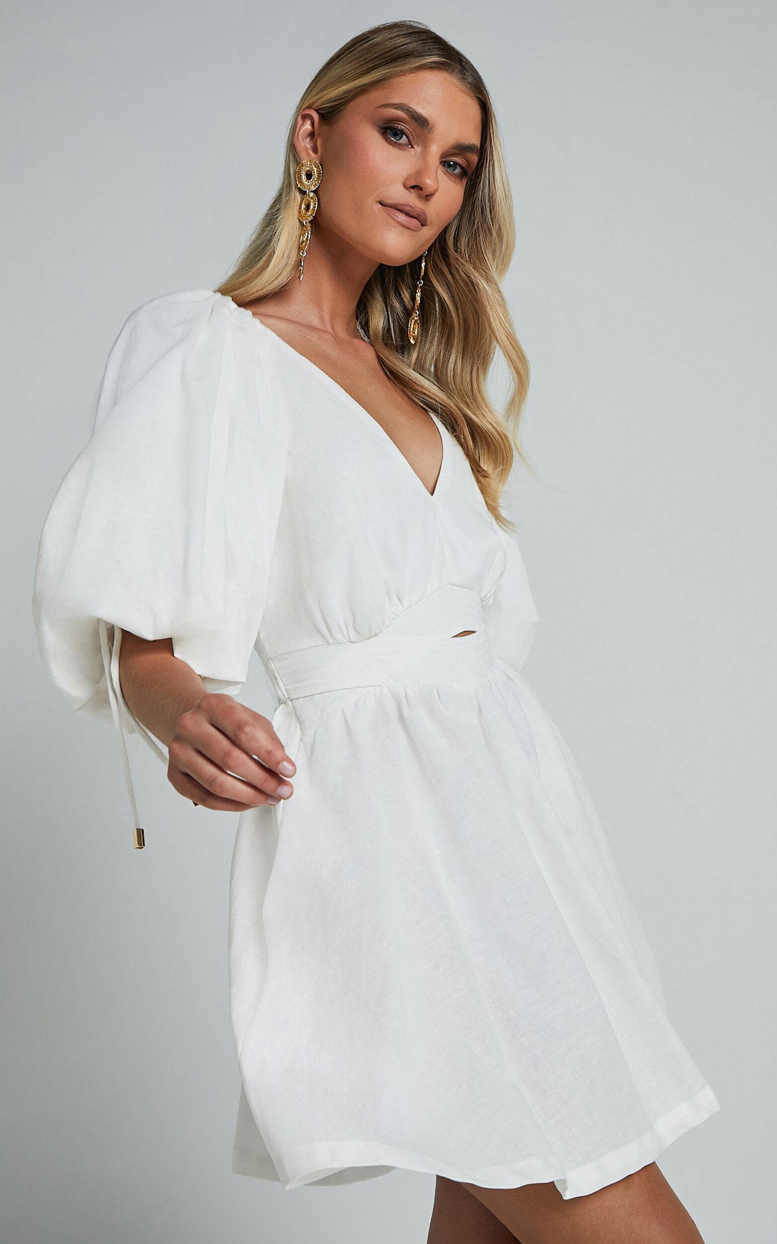 Amalie The Label - Movida Linen Blend Balloon Sleeve Crossover Band Mini Dress in White Product Image