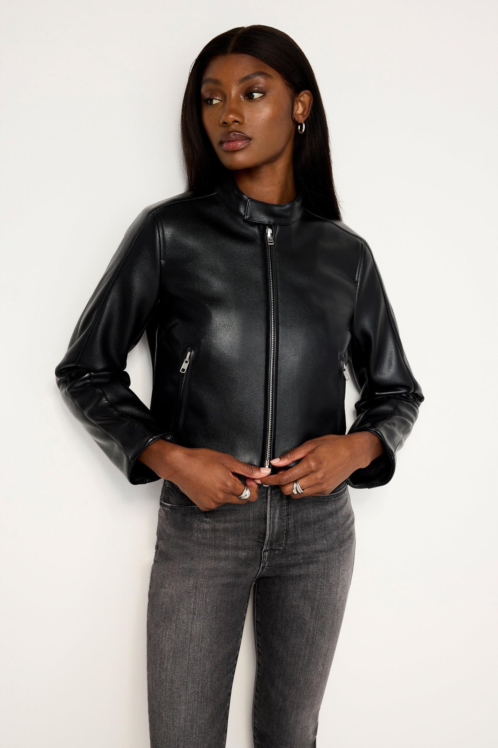 FAUX LEATHER MOTO JACKET | BLACK001 Product Image