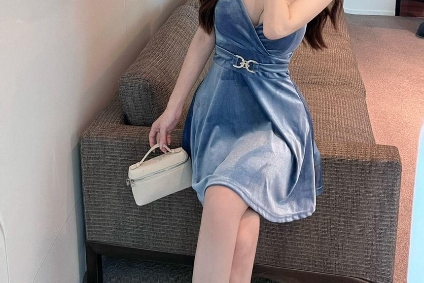 Spaghetti Strap V-Neck Plain Velvet Mini A-Line Wrap Dress Product Image