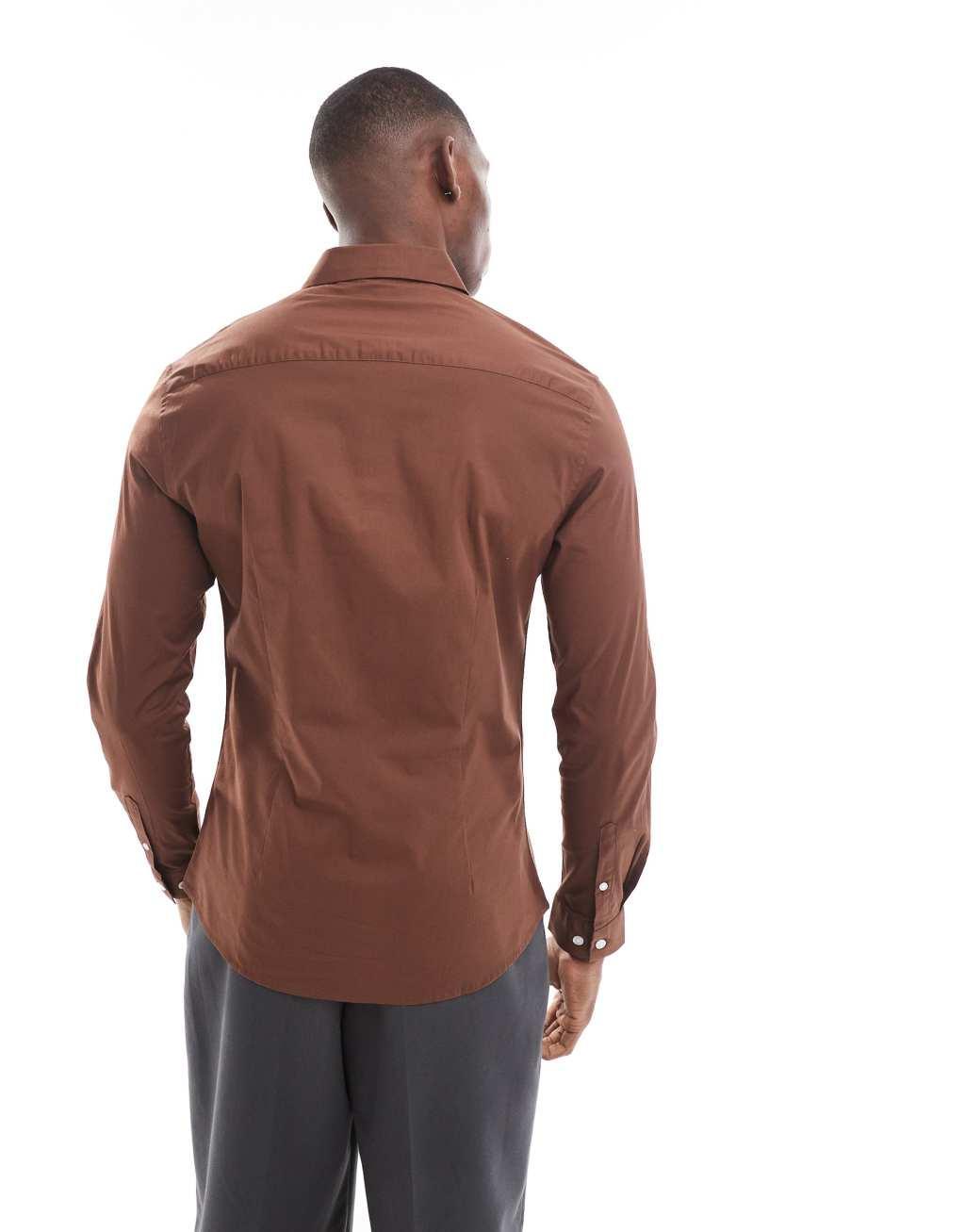  ASOS DESIGN skinny poplin shirt with square collar in brown Product Image