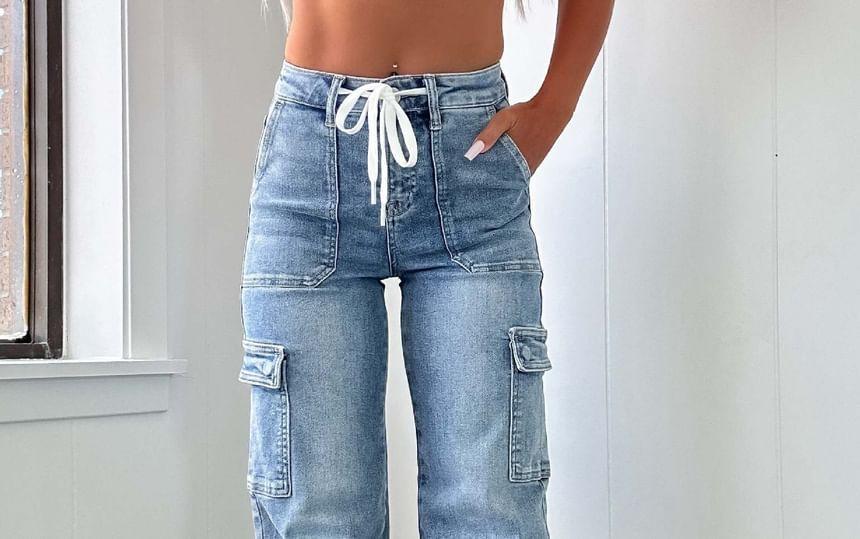 High Waist Loose Straight Leg Cargo Jeans Product Image