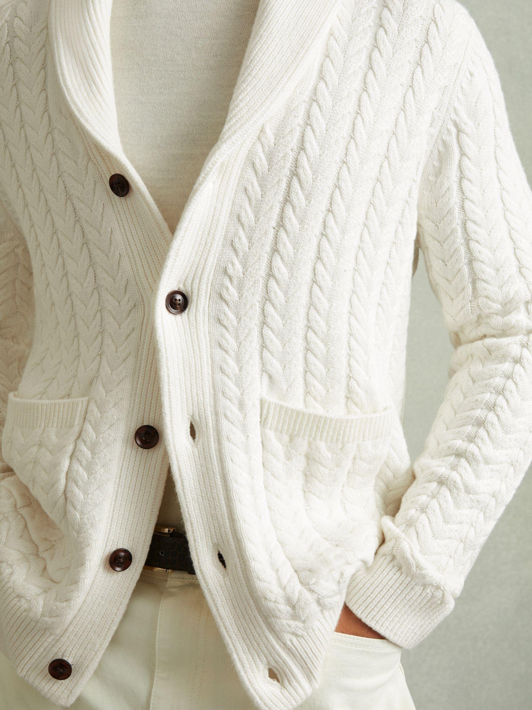 Cabled Shawl-Collar Cardigan with Cotton and Wool in White Product Image