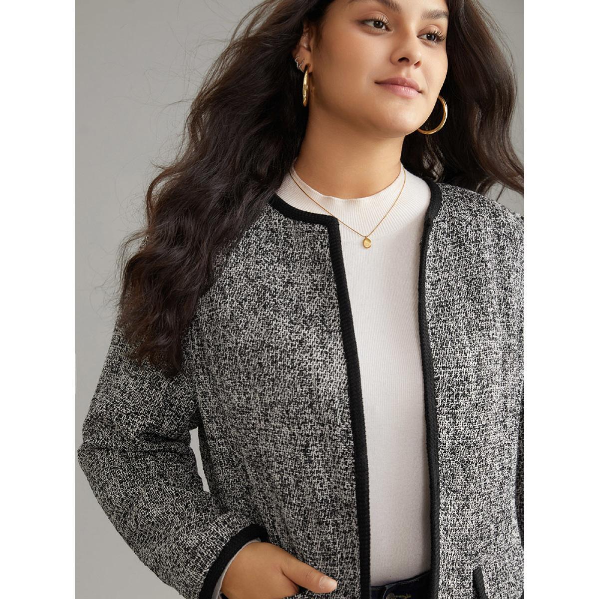 Plus Size Tweed Flap Pocket Open Front Contrast Trim Blazer Black Women Dailywear Plain Texture Sleeve Long Sleeve Open Front 22-24/3X Pocket Casual Blazers BloomChic Product Image
