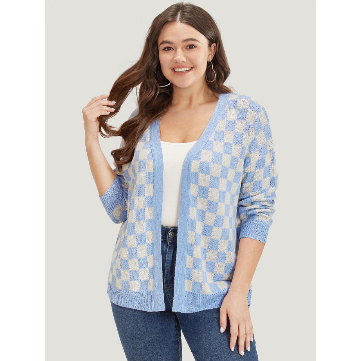 Plus Size Plaid Print Open Front Elastic Cuffs Cardigan LightBlue Women Casual Loose Long Sleeve Dailywear Cardigans BloomChic 30/6X Product Image