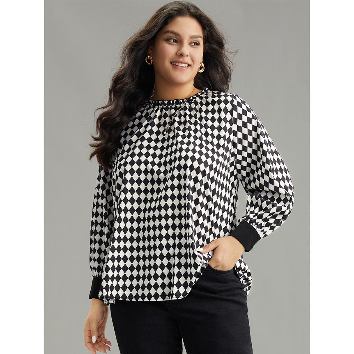 Plus Size Black Halloween Check Frill Trim Gathered Patchwork Blouse Women Elegant Long Sleeve Round Neck Dailywear Blouses BloomChic 12/L Product Image